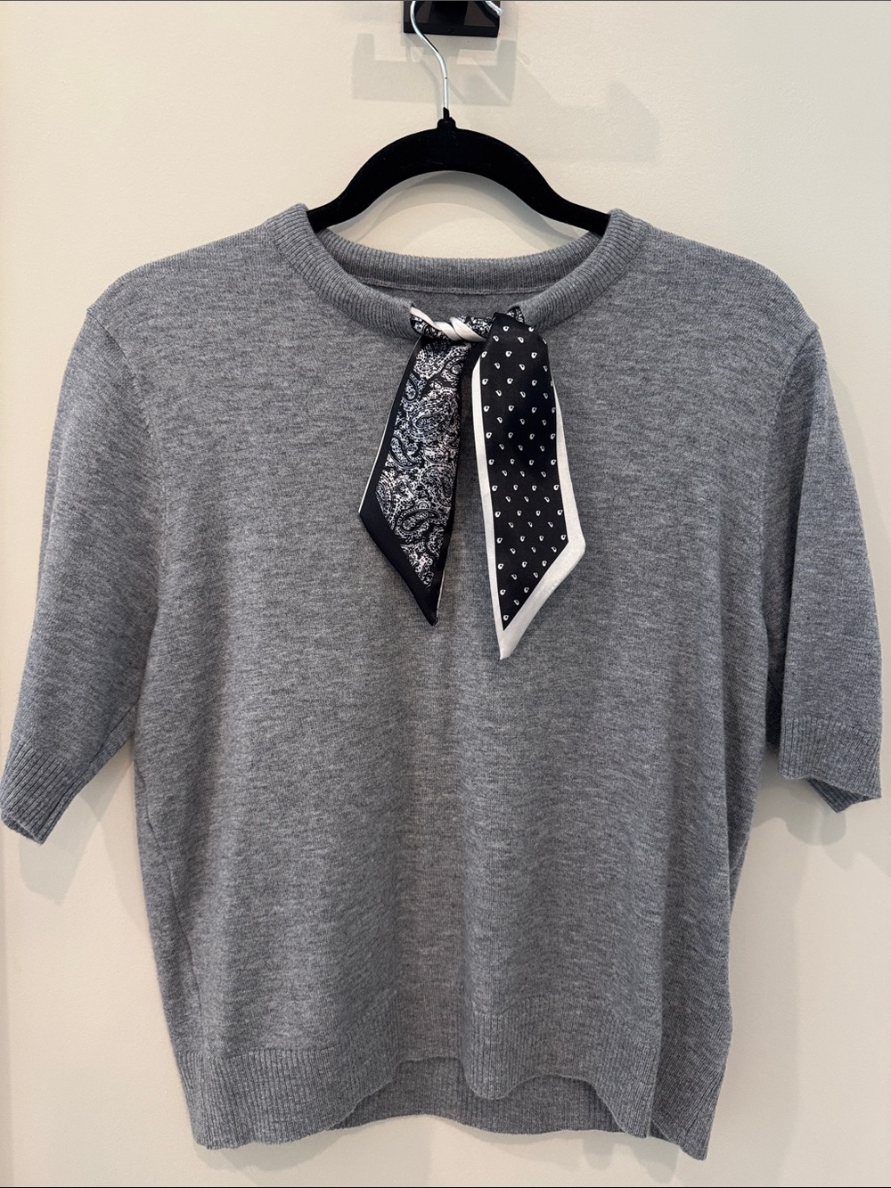 NWT- SHEIN Gray Short-Sleeve Knit Sweater with Black Scarf Accent